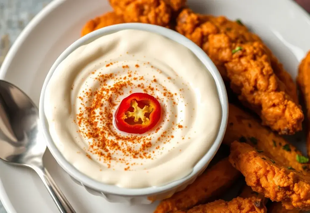 A bowl of creamy spicy yogurt sauce garnished with paprika and chili, with a spoon resting beside it, ready to be served with crispy chicken and sweet potato fries.