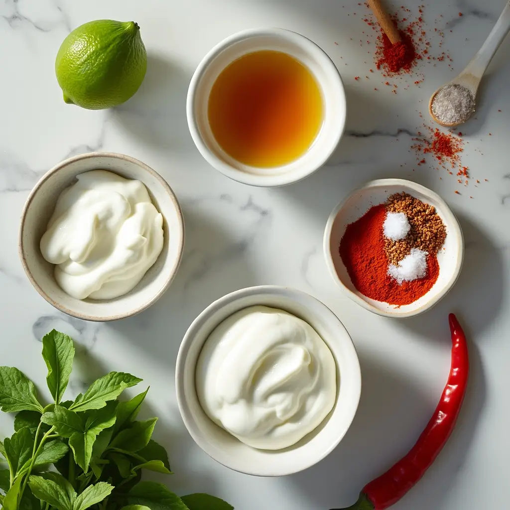 A flat lay of fresh ingredients for spicy yogurt sauce, including Greek yogurt, honey, lime juice, paprika, cayenne, garlic powder, and red chili 