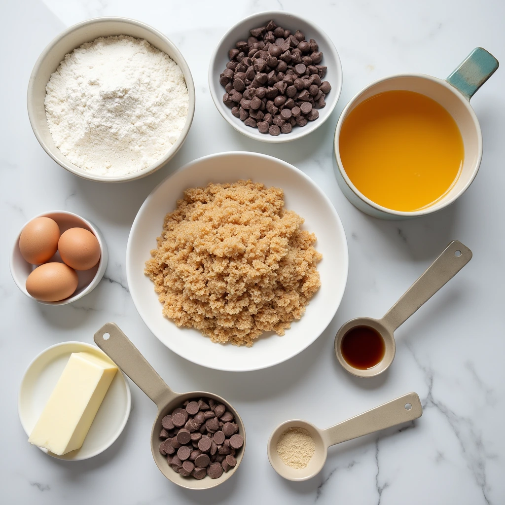 Ingredients for Millies cookies recipe displayed on marble counter, including chocolate chips, butter, and dry ingredients