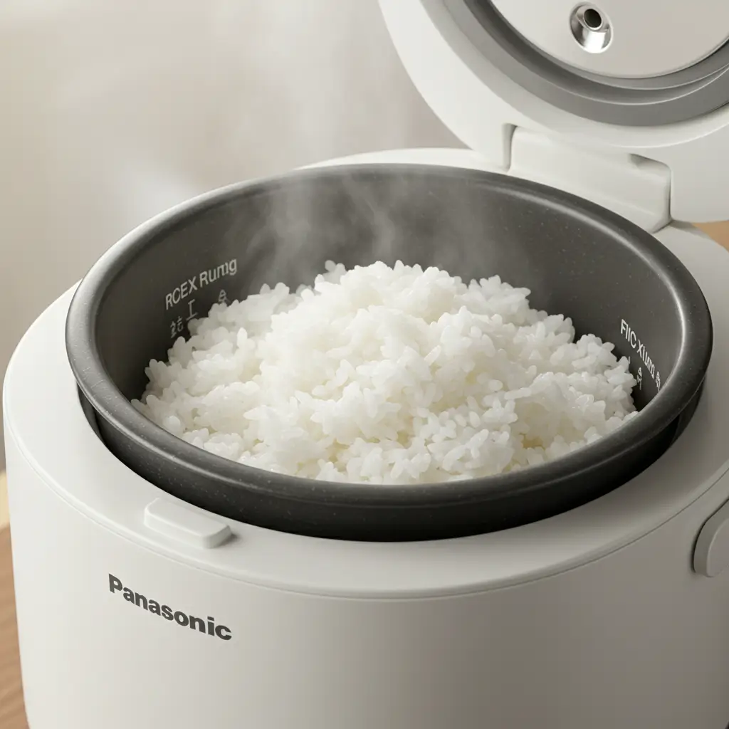 Perfectly cooked white rice steaming in a Panasonic rice cooker