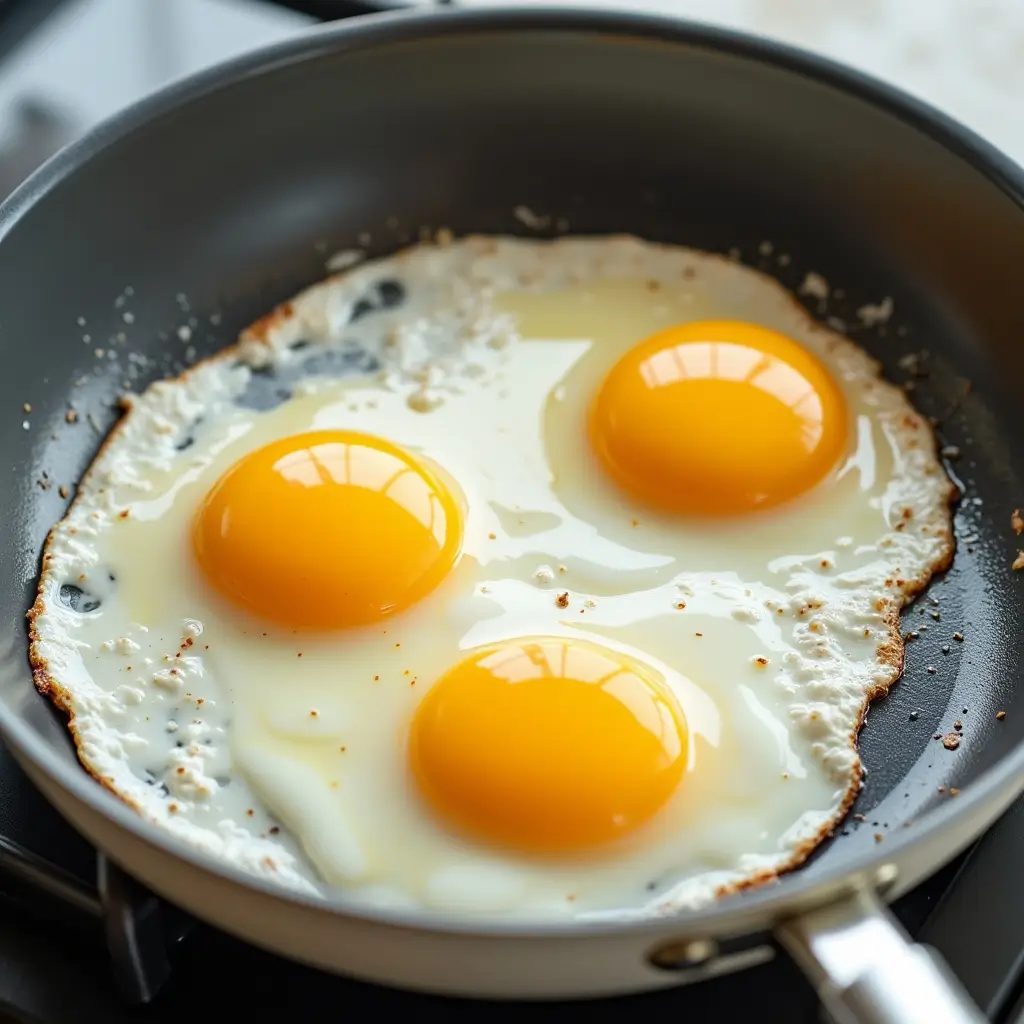 Eggs cooking without sticking in a ceramic-coated pan, demonstrating its non-stick properties