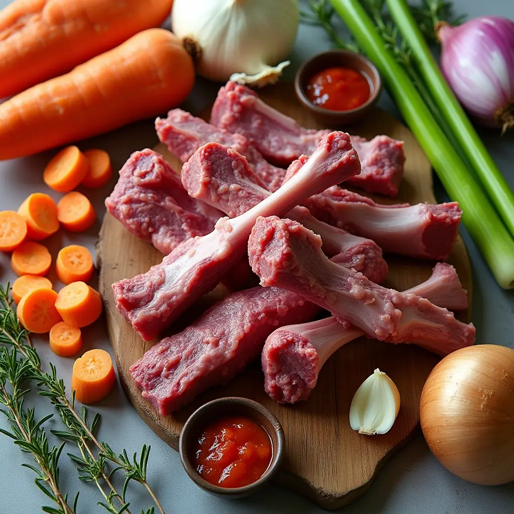 Key ingredients for making golden demi glace recipe: beef bones, carrots, celery, onions, tomato paste, garlic, thyme,